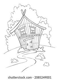 Wooden hut coloring pages. Fabulous forest house. Linear drawing for kids colouring book in doodle style. Vector illustration.