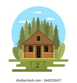 Wooden hut in the forest illustration