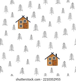 Wooden hut in the forest seamless pattern. Simple cartoon print. Vector hand drawn illustration.