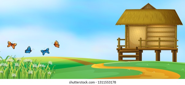 Wooden hut in nature landscape illustration