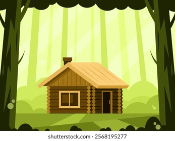 Wooden hut. Old wooden house. Clearing in the forest on a summer sunny day. Vector graphics