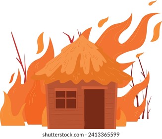 Wooden hut on fire with flames and smoke, emergency situation, no people. Danger and disaster representation, fire hazard awareness vector illustration.