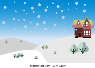 Wooden hut in the snow, nature, flat illustration 