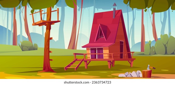 Wooden hut in summer forest. Vector cartoon illustration of glamping house on glade surrounded by green spring nature, axe and pile of stones near cottage, ladder on tall tree, travel game background