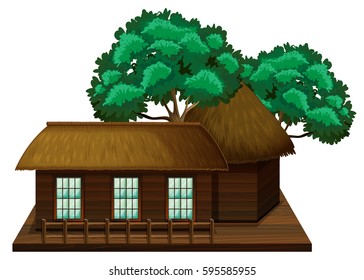 wooden hut with trees illustration