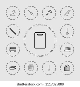 Wooden icon. collection of 13 wooden outline icons such as garden bench, cutting board, gate, axe, xylophone, musical pipe, bench. editable wooden icons for web and mobile.