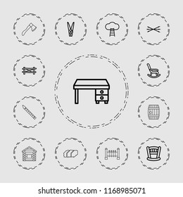 Wooden icon. collection of 13 wooden outline icons such as fence, office desk, baby bed, rocking chair, cloth pin, ladder to the sky. editable wooden icons for web and mobile.