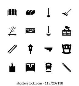 Wooden icon. collection of 16 wooden filled icons such as aroma stick, baby bed, fence, nesting house, drum stick, pergola. editable wooden icons for web and mobile.