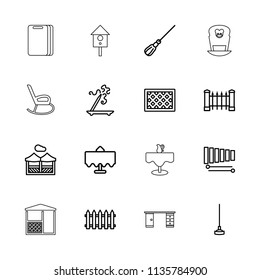 Wooden icon. collection of 16 wooden outline icons such as restaurant table, fence, aroma stick, mop, hoe, xylophone, pergola. editable wooden icons for web and mobile.