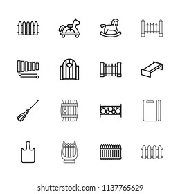 Wooden icon. collection of 16 wooden outline icons such as garden bench, fence, horse toy, mop, toy horse, gate, xylophone. editable wooden icons for web and mobile.