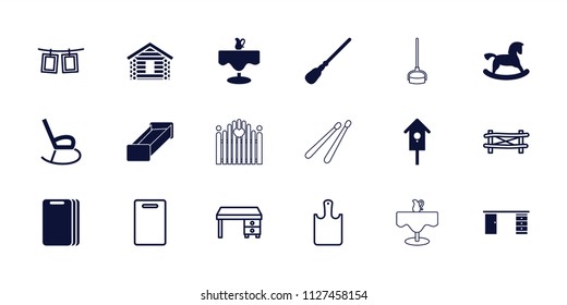 Wooden icon. collection of 18 wooden filled and outline icons such as horse toy, mop, nesting house, fence, cutting board. editable wooden icons for web and mobile.