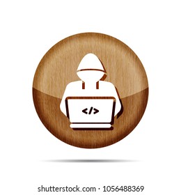 wooden icon with hacker or coder symbol on white background