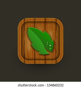 Wooden icon with leaf and drops.Vector eps10