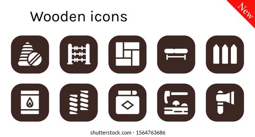 wooden icon set. 10 filled wooden icons.  Simple modern icons about  - Toys, Abacus, Floor, Bench, Fence, Matchbox, Marshmallow, Match, Adze, Axe svg