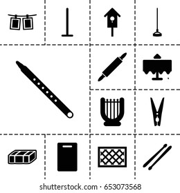 Wooden icon. set of 13 filled woodenicons such as garden bench, restaurant table, cutting board, mop, hoe, fence, nesting house, musical pipe, drum stick, cloth pin