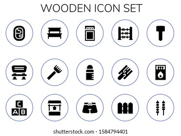 wooden icon set. 15 filled wooden icons.  Simple modern icons about  - Window, Bench, Rake, Match, Feeder, Abacus, Cutting board, Mallet, Matches, Abc, Water well, Trunk, Fence