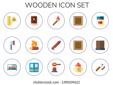 wooden icon set. 15 flat wooden icons.  Collection Of - tree house, ax, door, firewood, match, flute, crate, matches, window, bench, hammer game, feeder