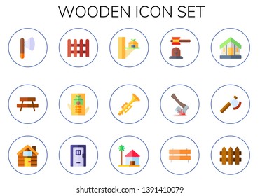 wooden icon set. 15 flat wooden icons.  Collection Of - axe, bench, fence, tree house, clarinet, hammer game, cabin, ax, door, beach house