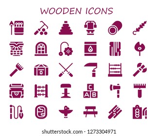  wooden icon set. 30 filled wooden icons. Simple modern icons about  - Matches, Rake, Toy, Chest, Marshmallow, Skewer, Tiki, Window, Matchbox, Wood, Match, Skewers, Scythe, Abacus
