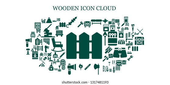 wooden icon set. 93 filled wooden icons.  Simple modern icons about  - Fence, Rake, Toy, Skewer, Chest, Bench, Flute, Axe, Match, Stool, Trunk, Wood, Woods, Log, Cabin, Rocking chair
