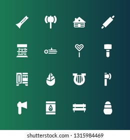 wooden icon set. Collection of 16 filled wooden icons included Toy, Bench, Matches, Axe, Ax, Lyre, Hand axe, Wardrobe, Mallet, Popsicle stick, Log, Water well, Rolling pin, Cabin