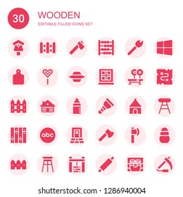 wooden icon set. Collection of 30 filled wooden icons included Birdhouse, Fence, Axe, Abacus, Match, Cutting board, Popsicle stick, Rolling pin, Window, Bench, Cabin, Feeder, Wooden leg