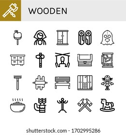 wooden icon set. Collection of Axe, Caramelized apple, Russian, Wardrobe, Wood, Executioner, Chest, Puppet, Treasure, Guillotine, Rake, Dough, Bench, Doll, Quiver, Coat rack icons