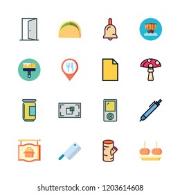 wooden icon set. vector set about mushroom, food, taco and focus icons set.