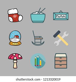 wooden icon set. vector set about pencil, christmas sock, drawers and rice icons set.