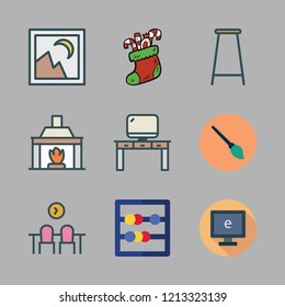 wooden icon set. vector set about desk, picture, computer and christmas sock icons set.