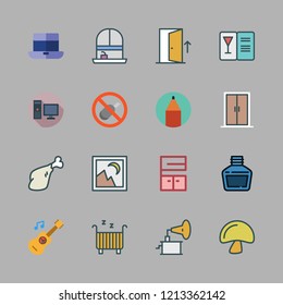 wooden icon set. vector set about laptop, meat, mushroom and furniture icons set.