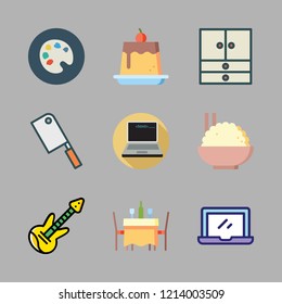 wooden icon set. vector set about laptop, closet, electric guitar and pudding icons set.