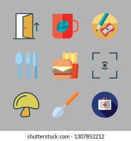 wooden icon set. vector set about pencil, cutlery, door and mushroom icons set.