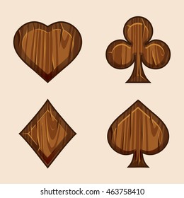Wooden icons of playings cards, isolated . Series of Gaming and Gambling Illustrations.