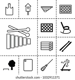 Wooden icons. set of 13 editable filled and outline wooden icons such as aroma stick, tree and bench, fence, drum stick, wooden wall, mop, nesting house
