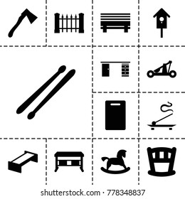 Wooden icons. set of 13 editable filled wooden icons such as garden bench, fence, horse toy, cutting board, office desk, baby bed, axe, nesting house, drum stick, bench