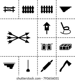 Wooden icons. set of 13 editable filled wooden icons such as fence, garden bench, axe, nesting house, photos on rope, dough pin, arrow bow, rocking chair