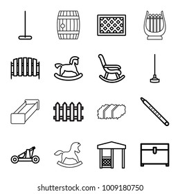 Wooden Icons. Set Of 16 Editable Outline Wooden Icons Such As Horse Toy, Mop, Chest, Rocking Chair, Hoe, Fence, Gazebo, Musical Pipe, Catapult, Garden Bench, Barrel