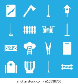 Wooden icons set. set of 16 wooden filled icons such as fence, cutting board, mop, hoe, axe, nesting house, cloth pin, photos on rope, chopping board and knife