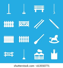 Wooden icons set. set of 16 wooden filled icons such as fence, horse toy, mop, hoe, bench, musical pipe, drum stick, pergola