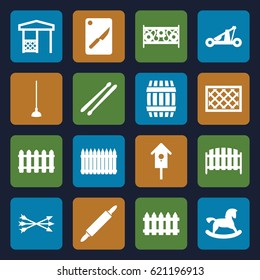 Wooden icons set. set of 16 wooden filled icons such as barrel, fence, horse toy, hoe, gazebo, nesting house, drum stick, dough pin, chopping board and knife, arrow bow