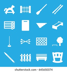Wooden icons set. set of 16 wooden filled icons such as garden bench, fence, wooden wall, cutting board, mop, hoe, musical pipe, drum stick, arrow bow, toy horse, baby bed