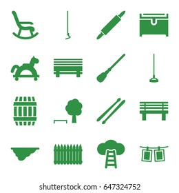 Wooden icons set. set of 16 wooden filled icons such as barrel, mop, chest, hoe, bench, fence, drum stick, photos on rope, dough pin, ladder to the sky, toy horse