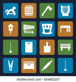 Wooden icons set. set of 16 wooden filled icons such as barrel, cutting board, chest, office desk, hoe, axe, bench, nesting house, xylophone, cloth pin, dough pin