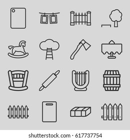 Wooden icons set. set of 16 wooden outline icons such as restaurant table, garden bench, barrel, fence, horse toy, cutting board, axe, photos on rope, dough pin