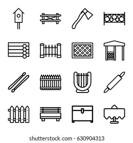 Wooden icons set. set of 16 wooden outline icons such as restaurant table, fence, wooden wall, chest, axe, gazebo, nesting house, drum stick, dough pin, bench