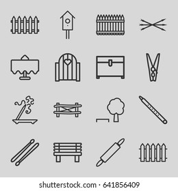 Wooden icons set. set of 16 wooden outline icons such as restaurant table, fence, aroma stick, chest, bench, nesting house, musical pipe, drum stick, cloth pin, dough pin