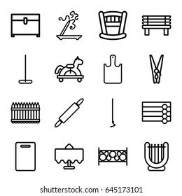 Wooden icons set. set of 16 wooden outline icons such as restaurant table, wooden wall, aroma stick, cutting board, mop, chest, hoe, fence, bench, cloth pin, dough pin