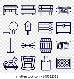 Wooden icons set. set of 16 wooden outline icons such as fence, barrel, wooden wall, mop, chest, bench, nesting house, photos on rope, chopping board, arrow bow, office desk