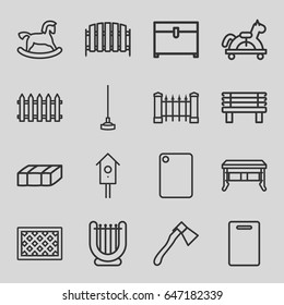Wooden icons set. set of 16 wooden outline icons such as garden bench, fence, horse toy, cutting board, chest, hoe, axe, bench, nesting house, chopping board and knife